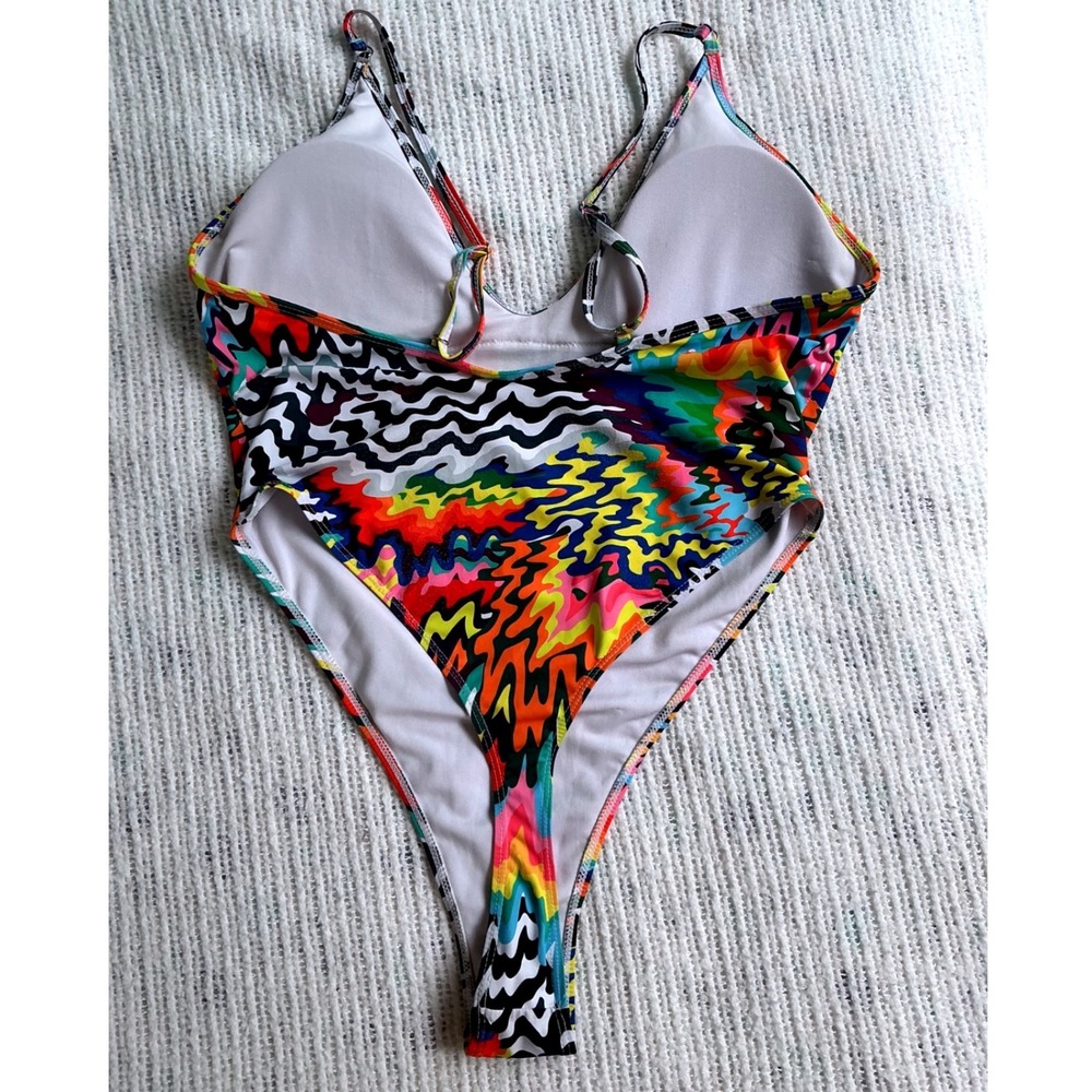Psychedelic One Piece Swimsuit Women Multicolor‎ Good High Cut V-Neck XL